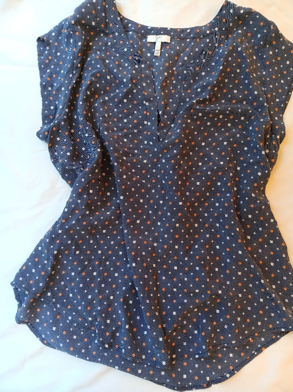Joie 100% Silk Blouse Navy Geometric Print Flowy Luxe Minimal Chic Size L